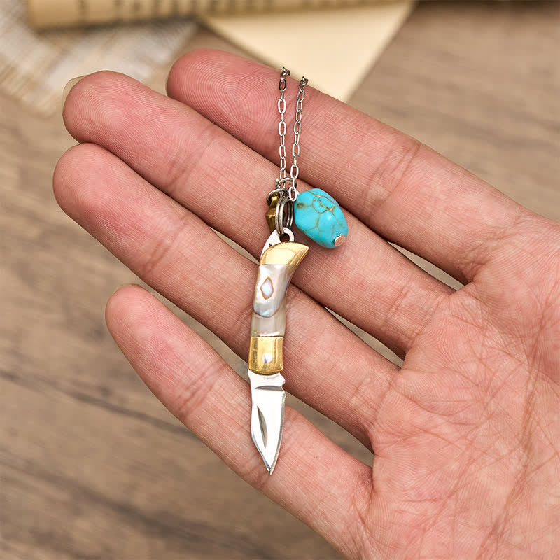 Abalone Turquoise & Brass Wearable Utility Pocket Knife Necklace - image 1