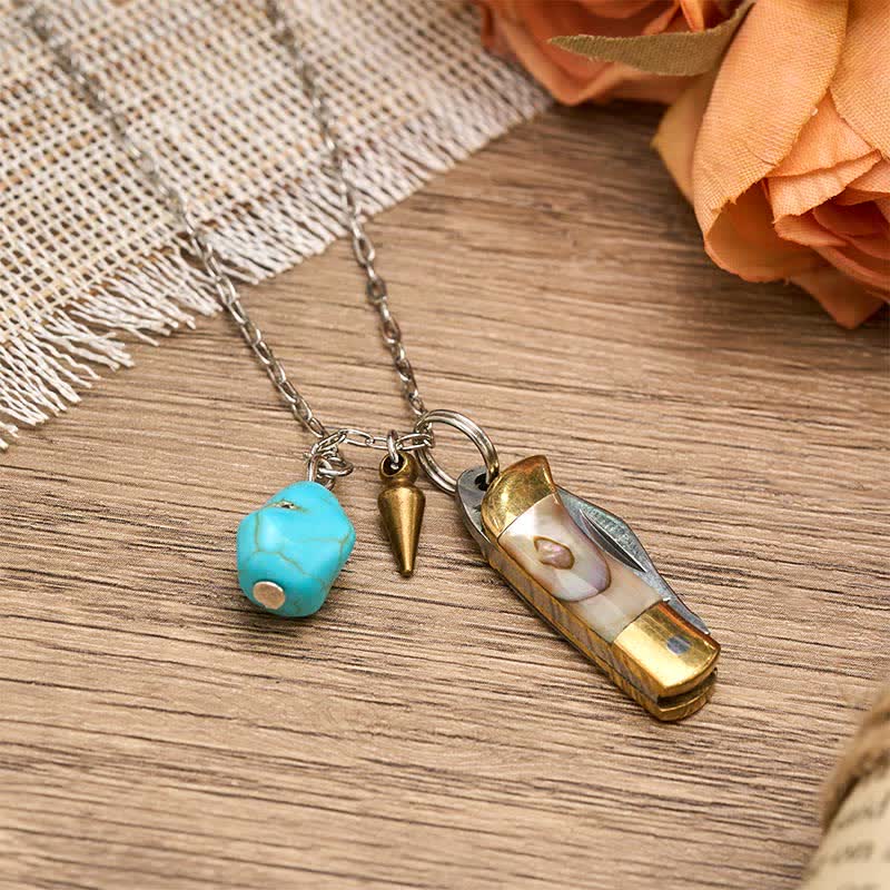 Abalone Turquoise & Brass Wearable Utility Pocket Knife Necklace - image 2