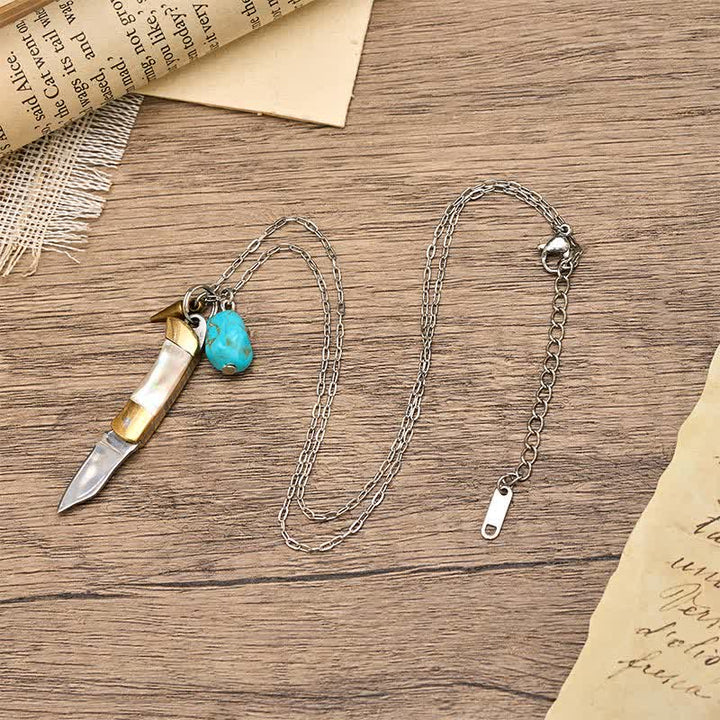 Abalone Turquoise & Brass Wearable Utility Pocket Knife Necklace - image 4