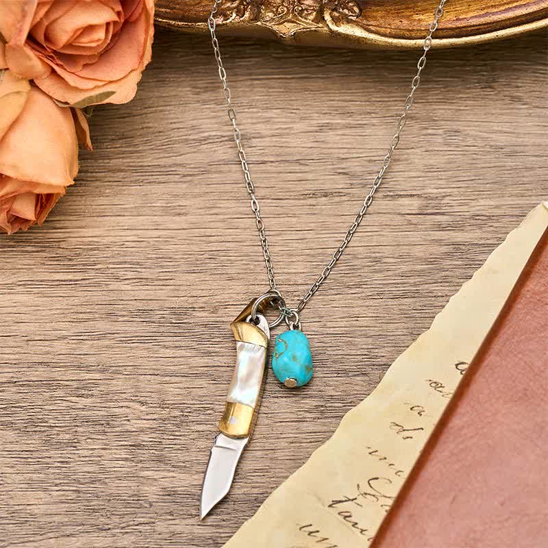 Abalone Turquoise & Brass Wearable Utility Pocket Knife Necklace - image 3
