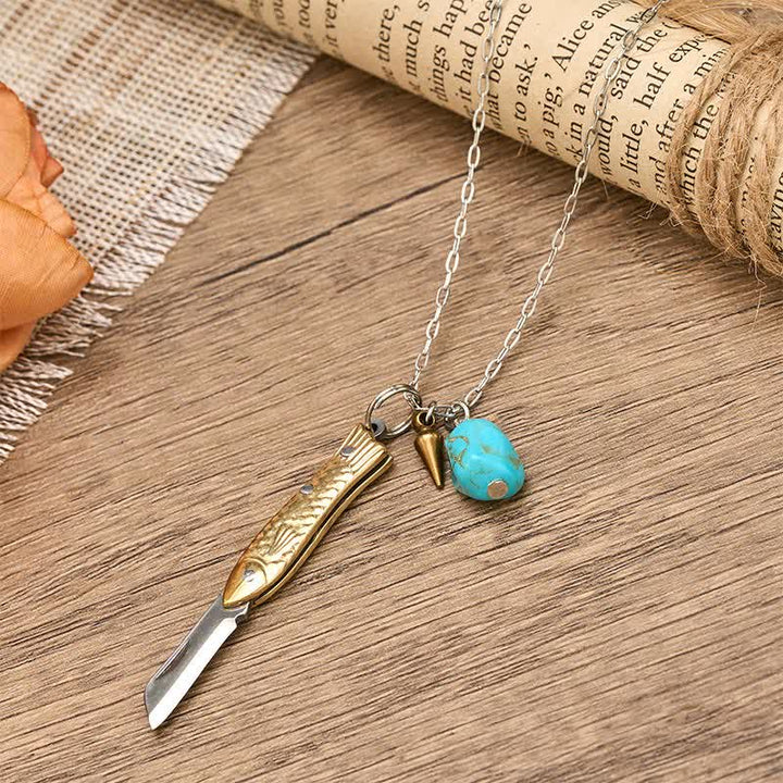 Brass & Turquoise Fish-Shaped Unique Pocket Knife Necklace - image 4