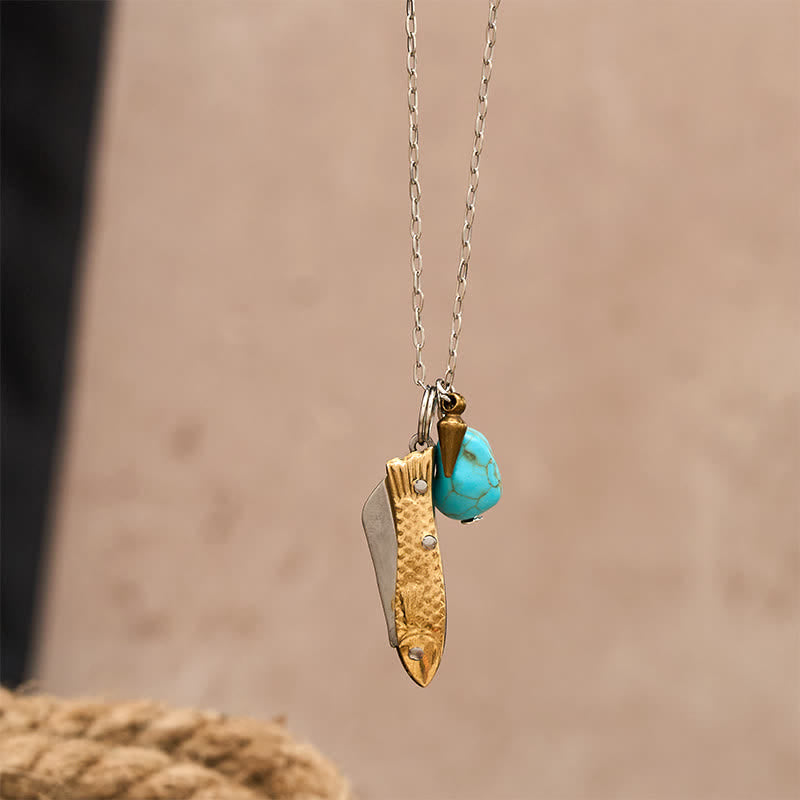 Brass & Turquoise Fish-Shaped Unique Pocket Knife Necklace - image 5