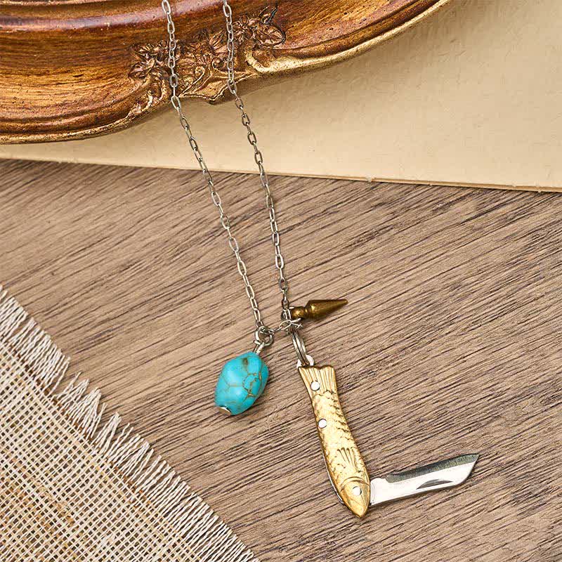 Brass & Turquoise Fish-Shaped Unique Pocket Knife Necklace - image 2
