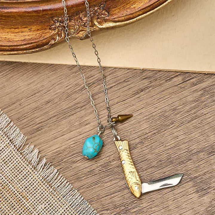 Brass & Turquoise Fish-Shaped Unique Pocket Knife Necklace - image 2
