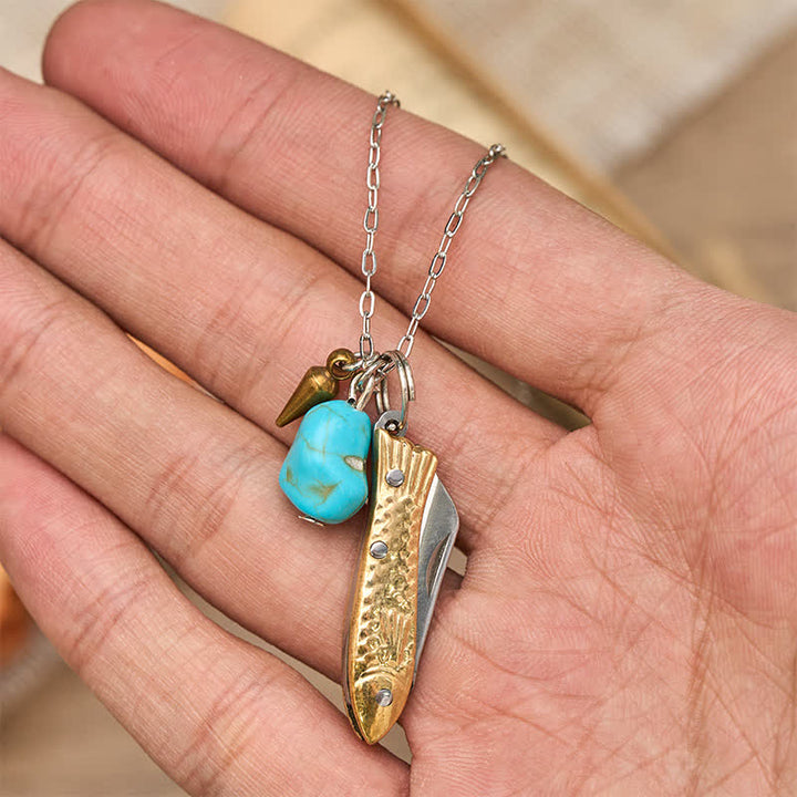 Brass & Turquoise Fish-Shaped Unique Pocket Knife Necklace - image 1