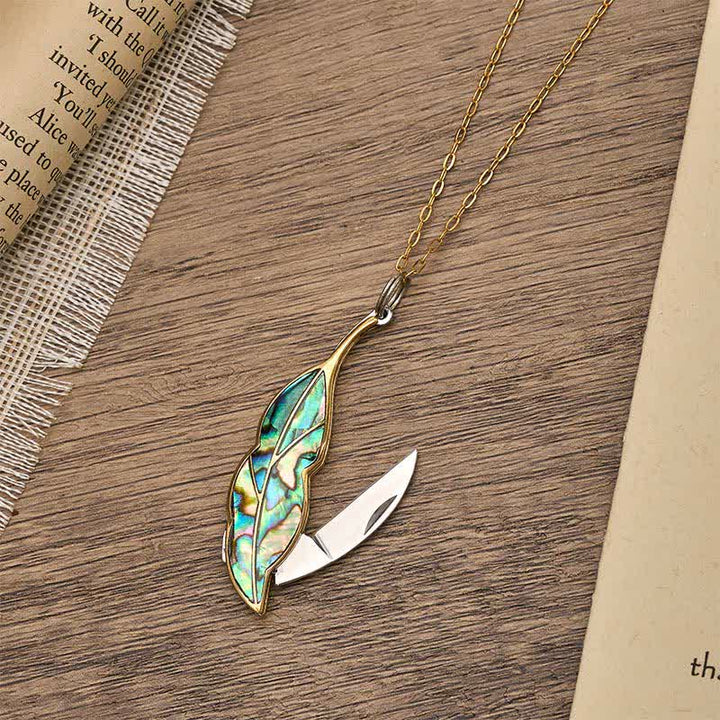 Leaf-Shaped Abalone Functional Pocket Knife Necklace - Gold - image 0