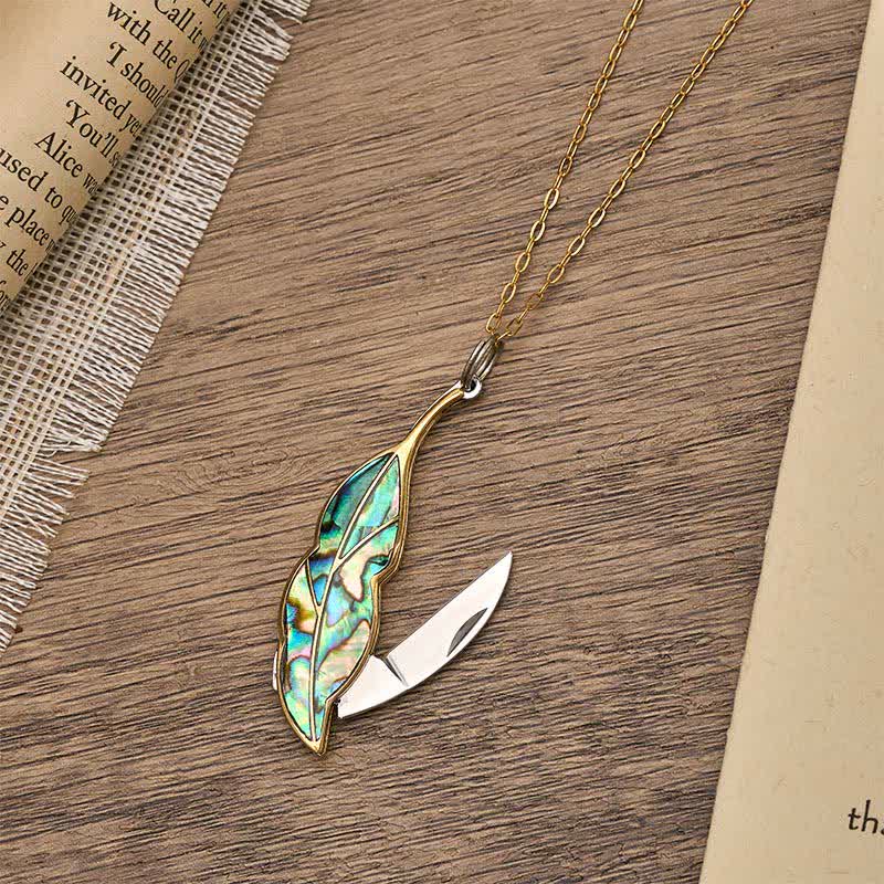 Leaf-Shaped Abalone Functional Pocket Knife Necklace - Gold - image 0