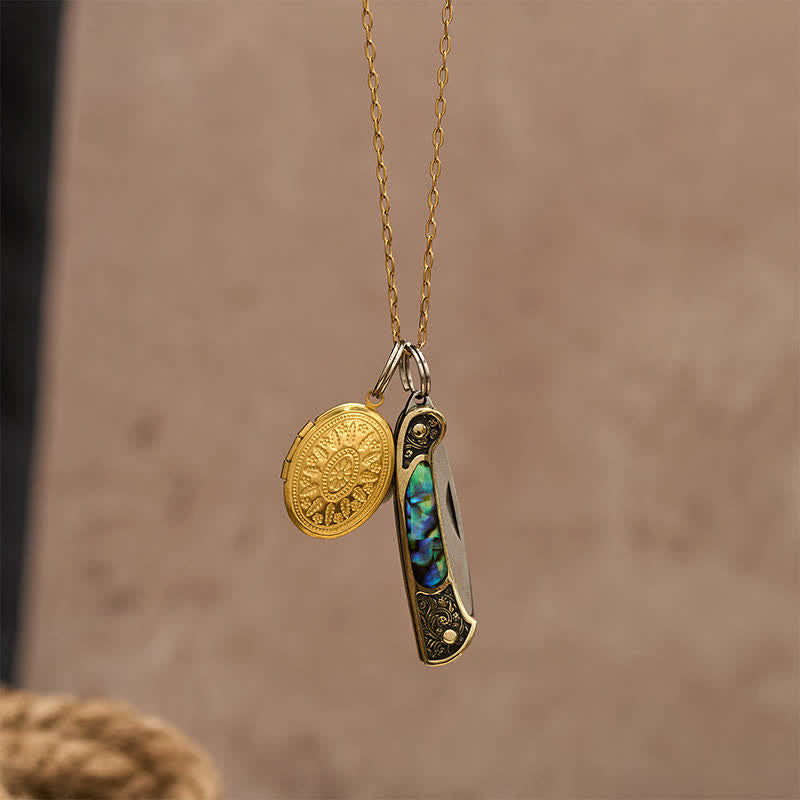 Edgy Dual Charm Abalone Knife & Photo Locket Necklace - image 5