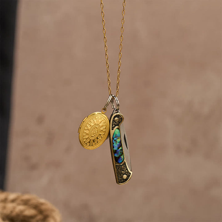 Edgy Dual Charm Abalone Knife & Photo Locket Necklace - image 5