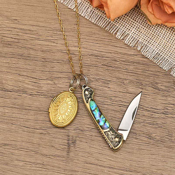 Edgy Dual Charm Abalone Knife & Photo Locket Necklace - Gold - image 0