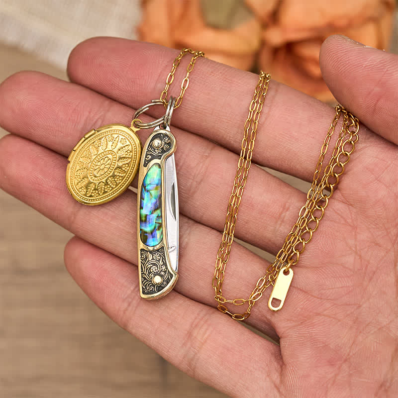 Edgy Dual Charm Abalone Knife & Photo Locket Necklace - image 1