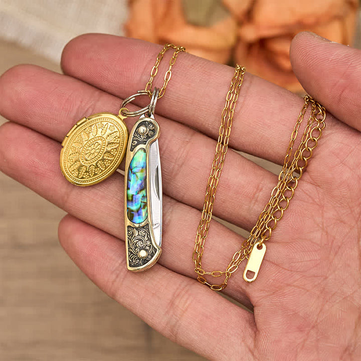 Edgy Dual Charm Abalone Knife & Photo Locket Necklace - image 1