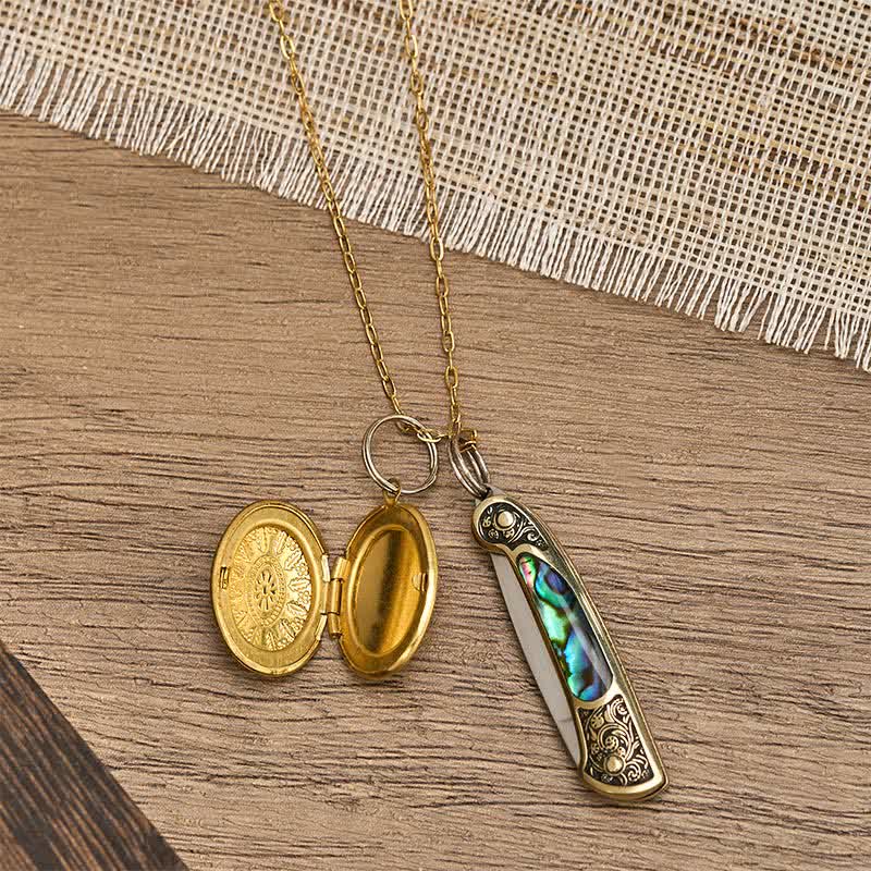 Edgy Dual Charm Abalone Knife & Photo Locket Necklace - image 3