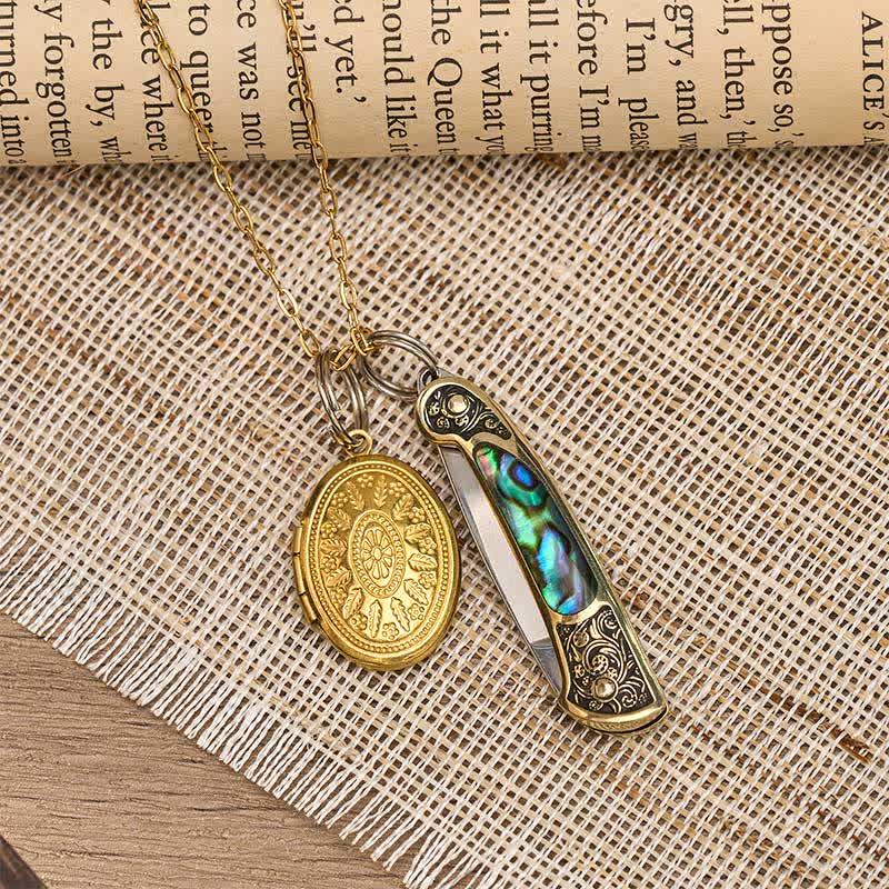 Edgy Dual Charm Abalone Knife & Photo Locket Necklace - image 4