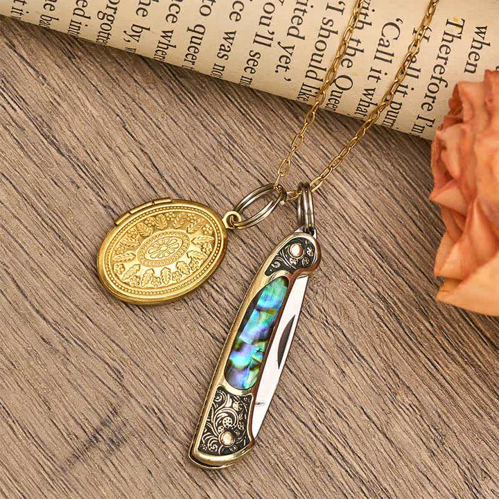 Edgy Dual Charm Abalone Knife & Photo Locket Necklace - image 2
