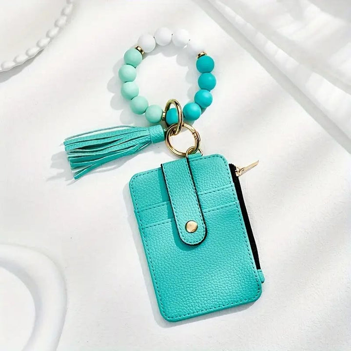 Fashionable Beaded Tassel Wristlet Card Holder Keychain - Green - image 1