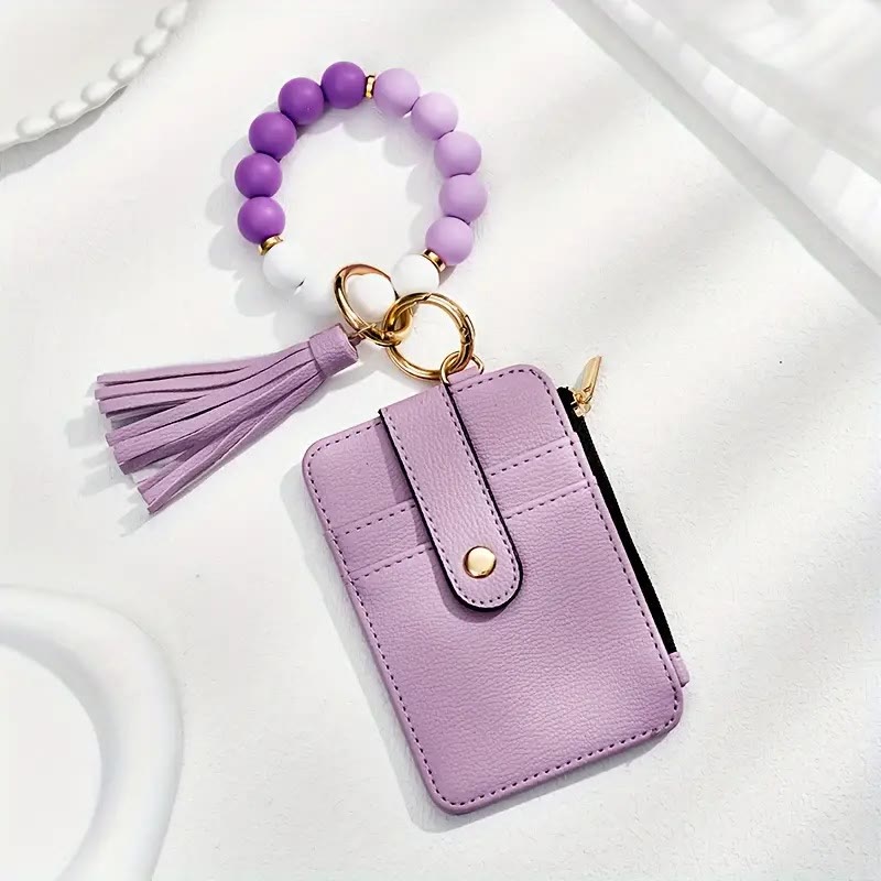 Fashionable Beaded Tassel Wristlet Card Holder Keychain - Purple - image 2