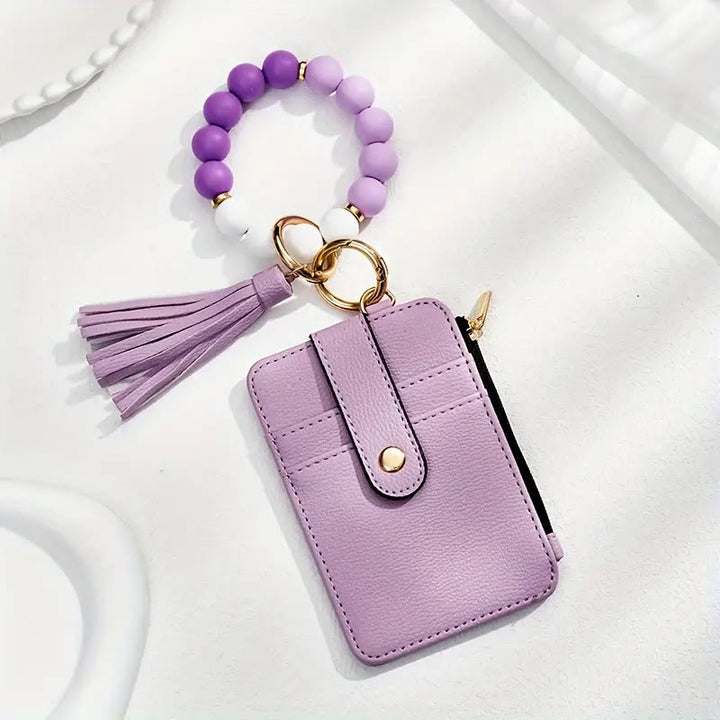 Fashionable Beaded Tassel Wristlet Card Holder Keychain - Purple - image 2