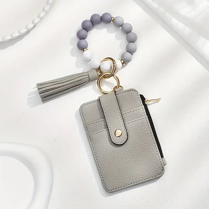 Fashionable Beaded Tassel Wristlet Card Holder Keychain - Grey - image 6