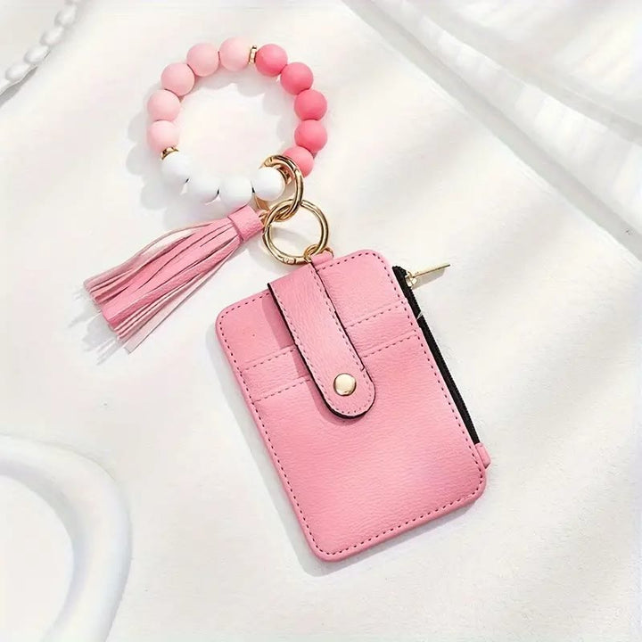 Fashionable Beaded Tassel Wristlet Card Holder Keychain - Pink - image 5