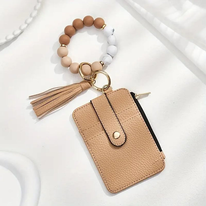 Fashionable Beaded Tassel Wristlet Card Holder Keychain - Brown - image 4