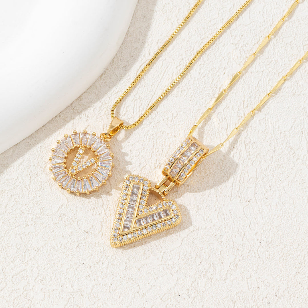 Gold Plated Full Iced Out Letter Pendant Necklace - Golden - V - image 24