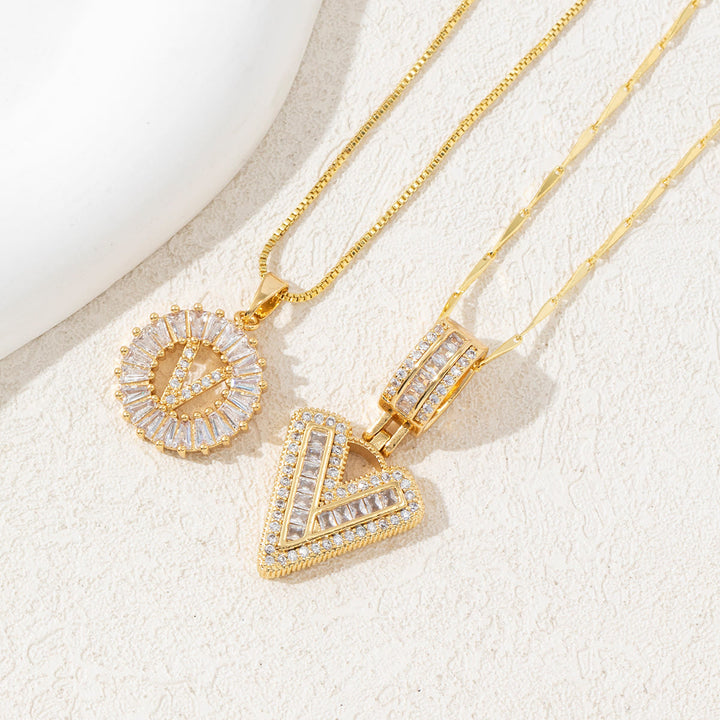 Gold Plated Full Iced Out Letter Pendant Necklace - Golden - V - image 24