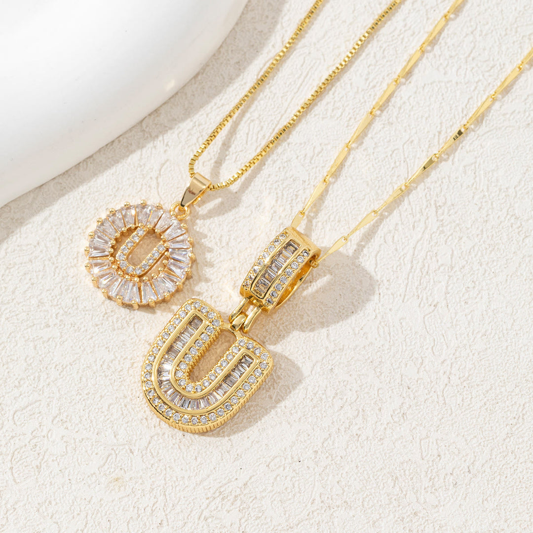 Gold Plated Full Iced Out Letter Pendant Necklace - Golden - U - image 23