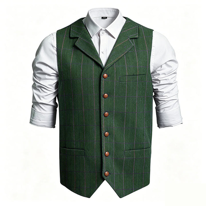 Men's Lapel Collar Plaid Single Breasted Suit Vest - Green - 3XL - image 6
