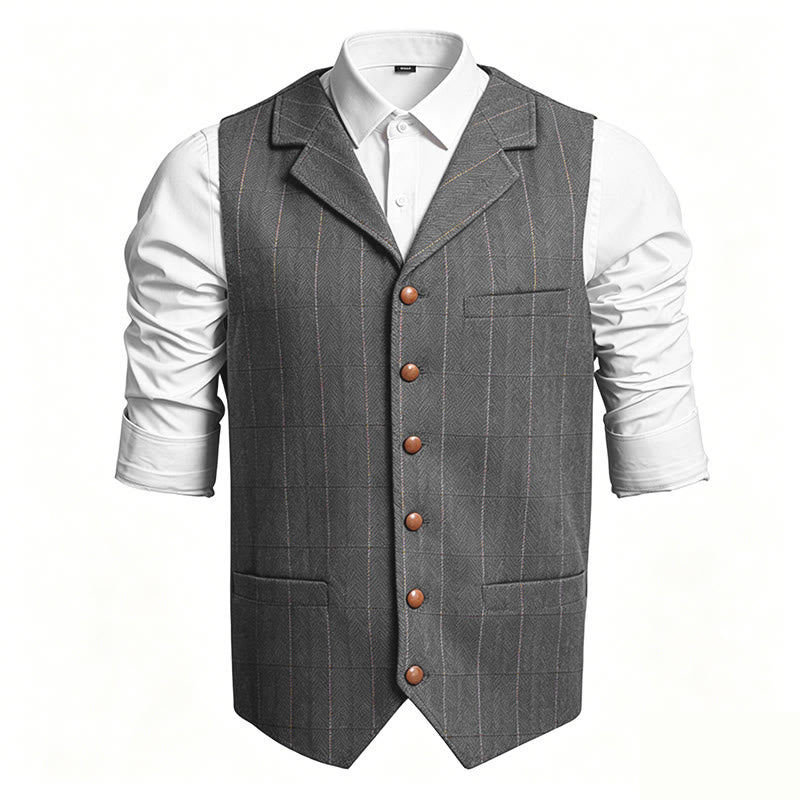 Men's Lapel Collar Plaid Single Breasted Suit Vest - Grey - 3XL - image 0