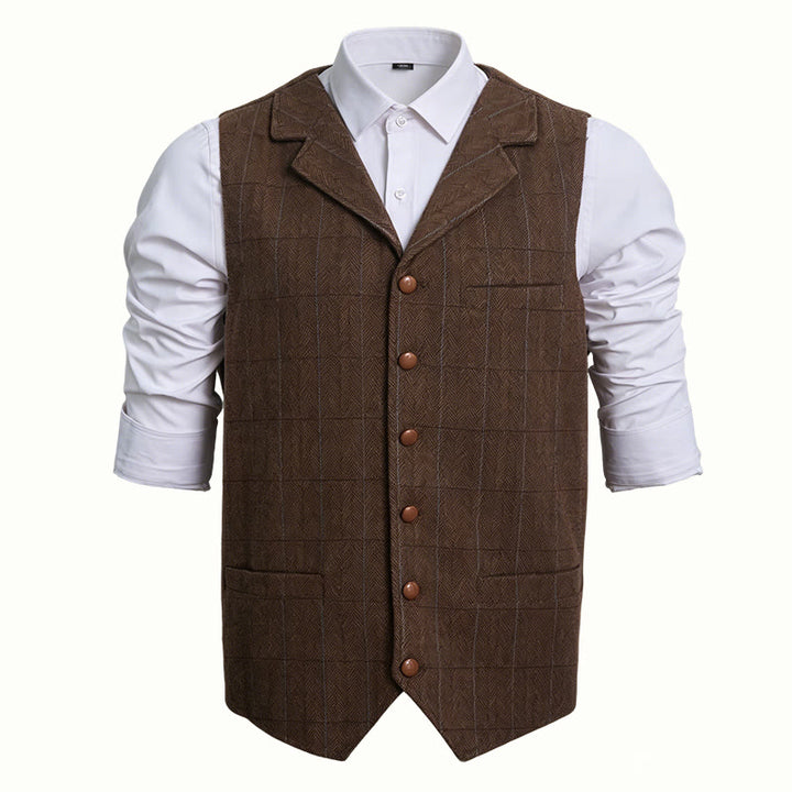 Men's Lapel Collar Plaid Single Breasted Suit Vest - Brown - 3XL - image 4