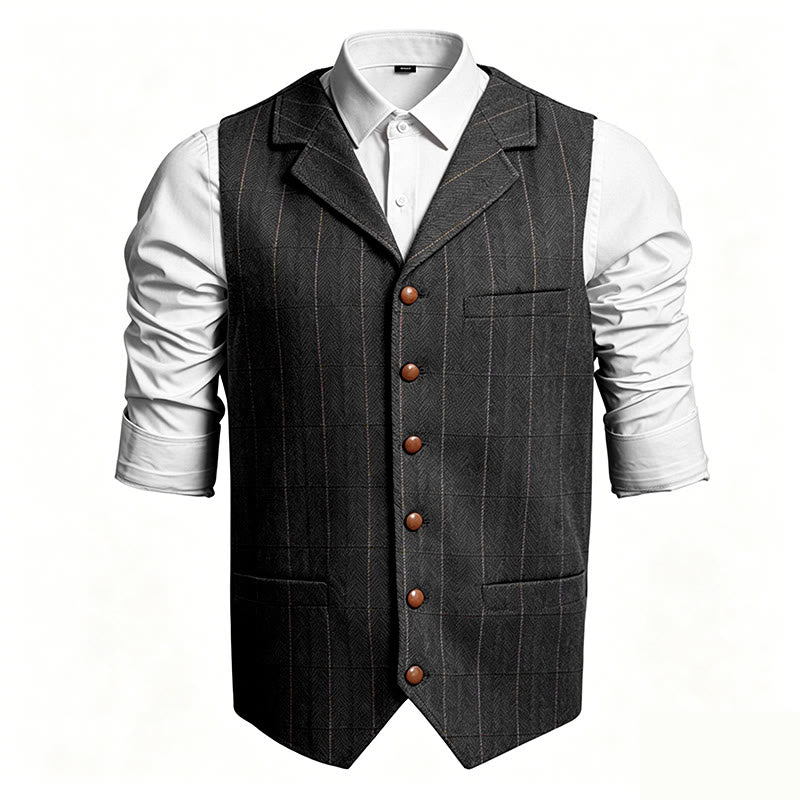 Men's Lapel Collar Plaid Single Breasted Suit Vest - Black - 3XL - image 3