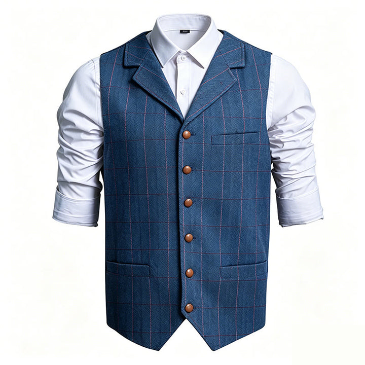 Men's Lapel Collar Plaid Single Breasted Suit Vest - Blue - 3XL - image 1