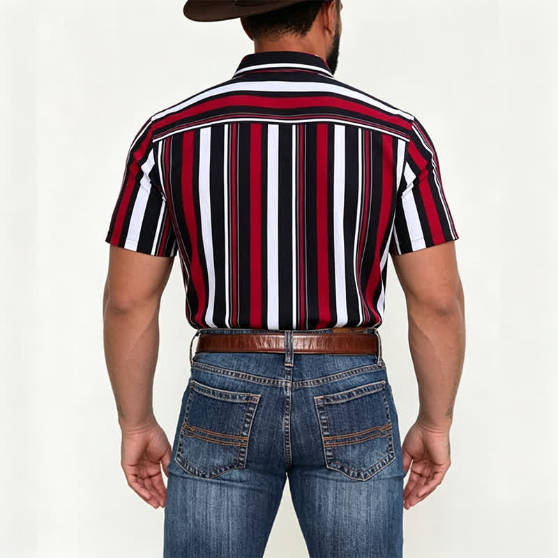 Men's Retro-Inspired Red Black Vertical Striped Shirt - image 2