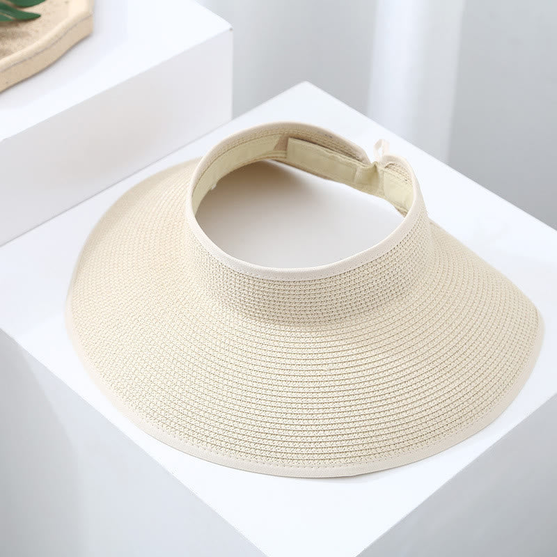 Women's Wide Brim Portable Open Top Straw Beach Sun Hat - Beige - Adjustable (About 21 5/8"-22 7/8") - image 1
