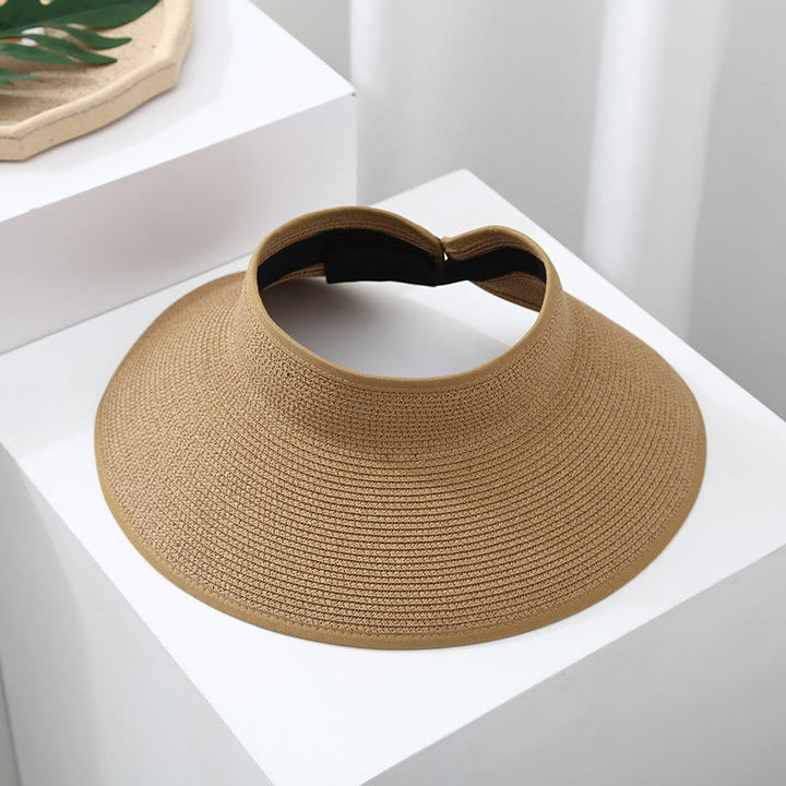 Women's Wide Brim Portable Open Top Straw Beach Sun Hat - Khaki - Adjustable (About 21 5/8"-22 7/8") - image 0