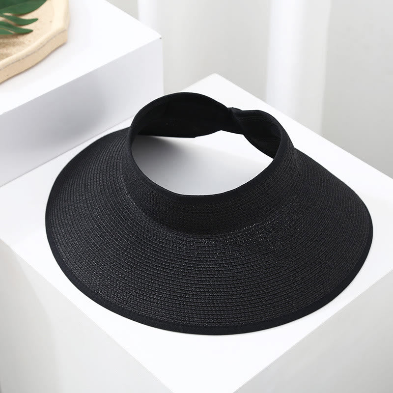Women's Wide Brim Portable Open Top Straw Beach Sun Hat - Black - Adjustable (About 21 5/8"-22 7/8") - image 2