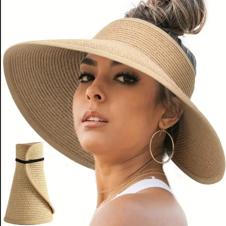 Women's Wide Brim Portable Open Top Straw Beach Sun Hat - image 4