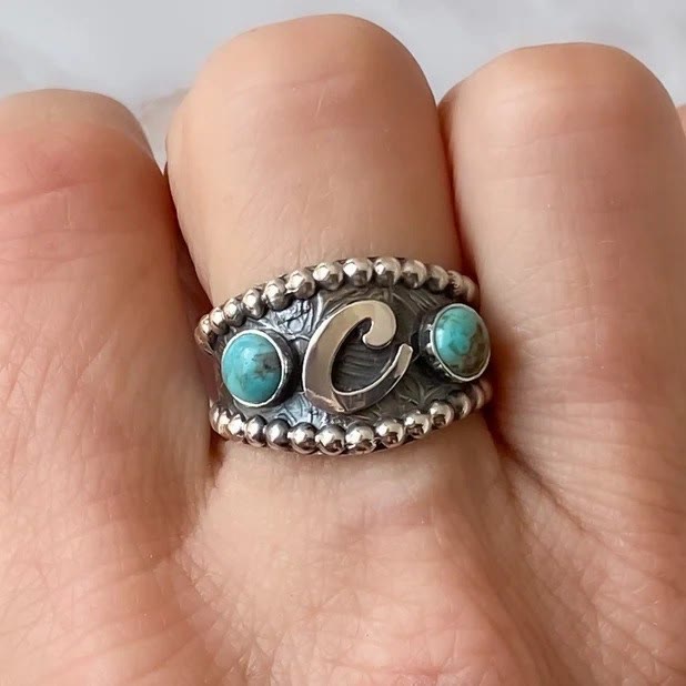 Vintage Initial Geometric Turquoise Inlay Western Style Ring - image 1