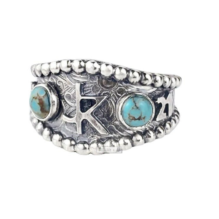 Vintage Initial Geometric Turquoise Inlay Western Style Ring - K - 10 - image 4