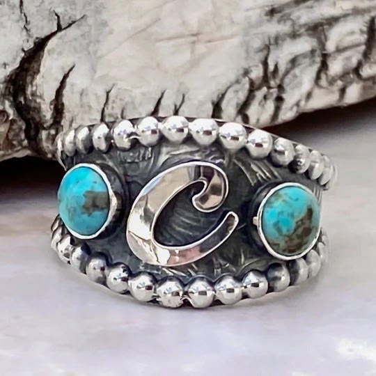 Vintage Initial Geometric Turquoise Inlay Western Style Ring - C - 10 - image 0