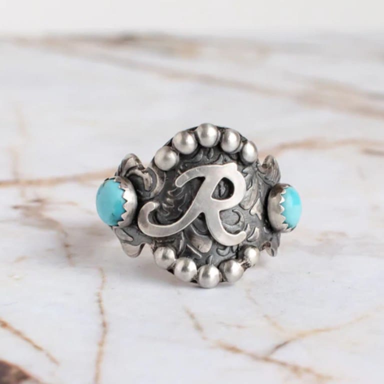 Vintage Initial Geometric Turquoise Inlay Western Style Ring - R - 10 - image 2