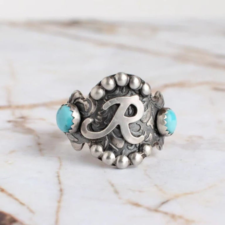 Vintage Initial Geometric Turquoise Inlay Western Style Ring - R - 10 - image 2