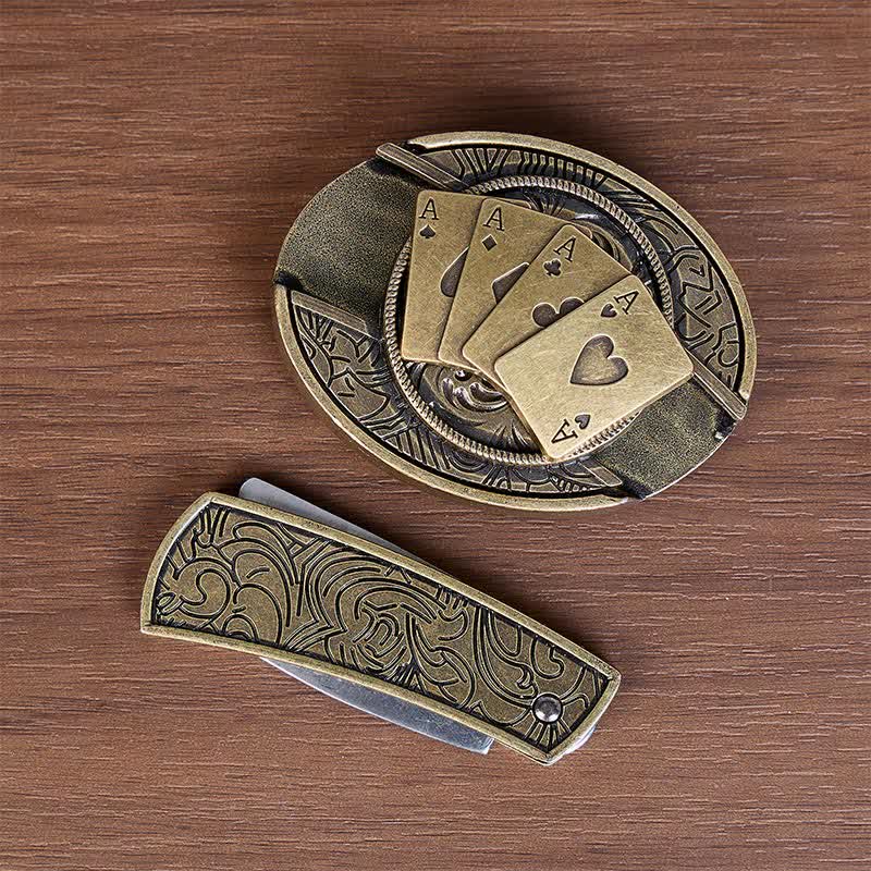 Four Aces Poker DIY Hidden Folding Knife Buckle Leather Belt - image 2