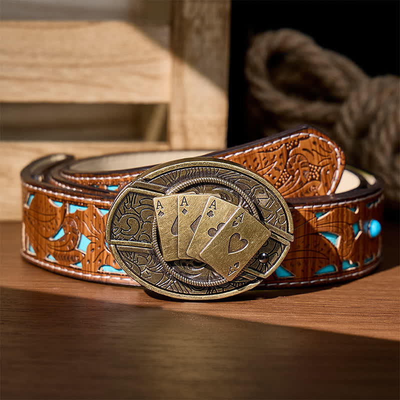 Four Aces Poker DIY Hidden Folding Knife Buckle Leather Belt - Bronze Poker - Turquoise Carved Belt - 42 - image 5