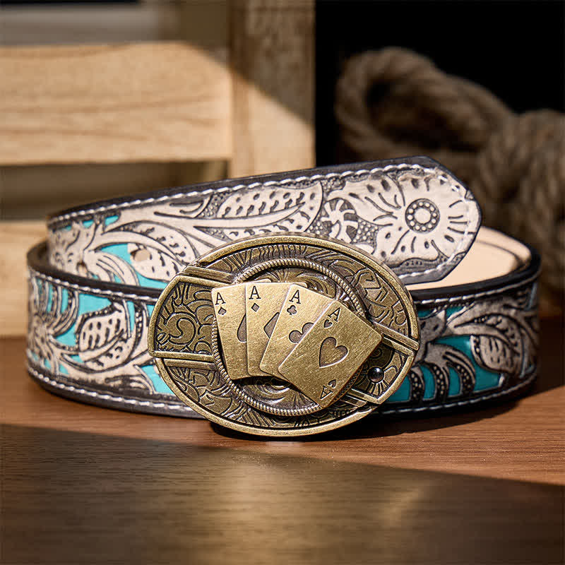 Four Aces Poker DIY Hidden Folding Knife Buckle Leather Belt - Bronze Poker - Gray Floral Belt - 42 - image 10