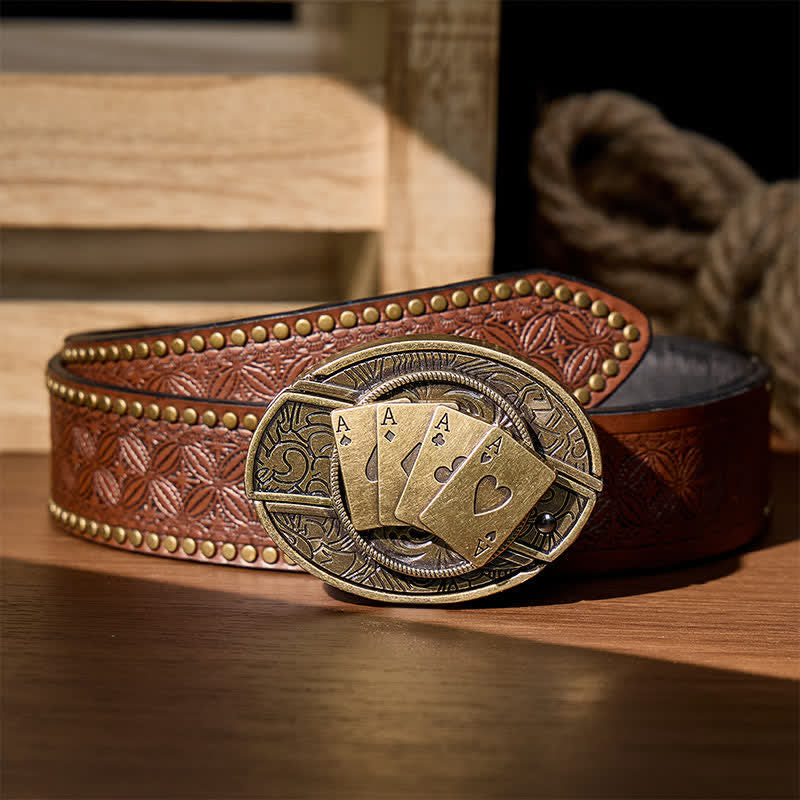 Four Aces Poker DIY Hidden Folding Knife Buckle Leather Belt - Bronze Poker - Brown Rivet Belt - 42 - image 6