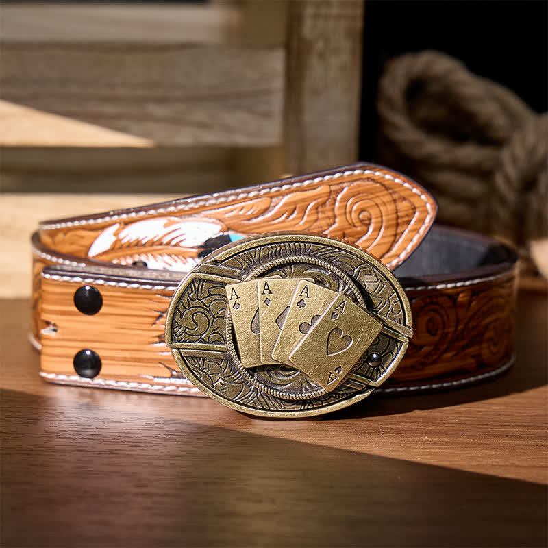 Four Aces Poker DIY Hidden Folding Knife Buckle Leather Belt - Bronze Poker - Brown Feather Belt - 40 - image 9