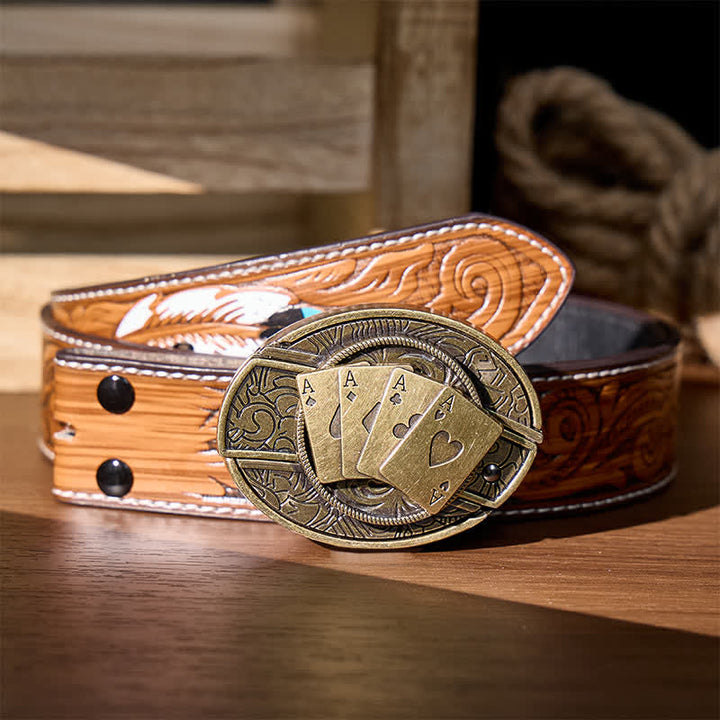 Four Aces Poker DIY Hidden Folding Knife Buckle Leather Belt - Bronze Poker - Brown Feather Belt - 40 - image 9