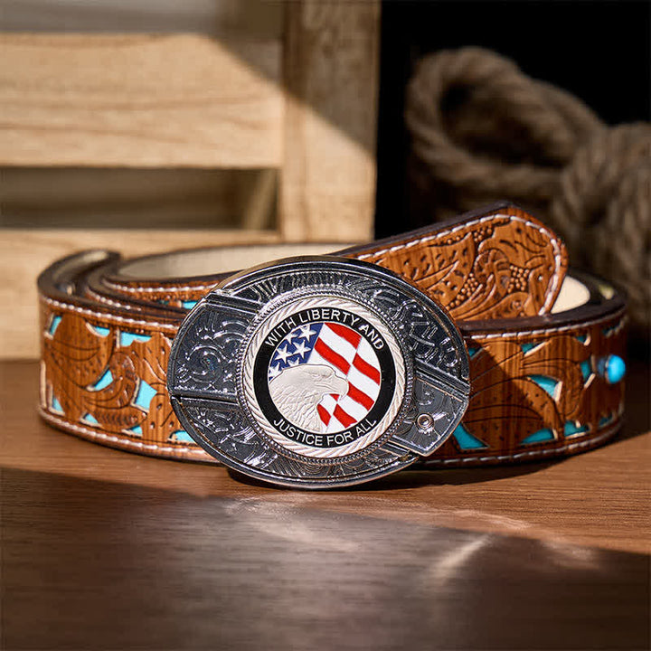 Liberty & Justice DIY Hidden Folding Knife Eagle Buckle Leather Belt - American Flag Eagle - Turquoise Carved Belt - 42 - image 5